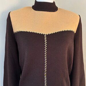 St. John Brown and Tan Crew Neck Sweater with Decorative Metallic Accents